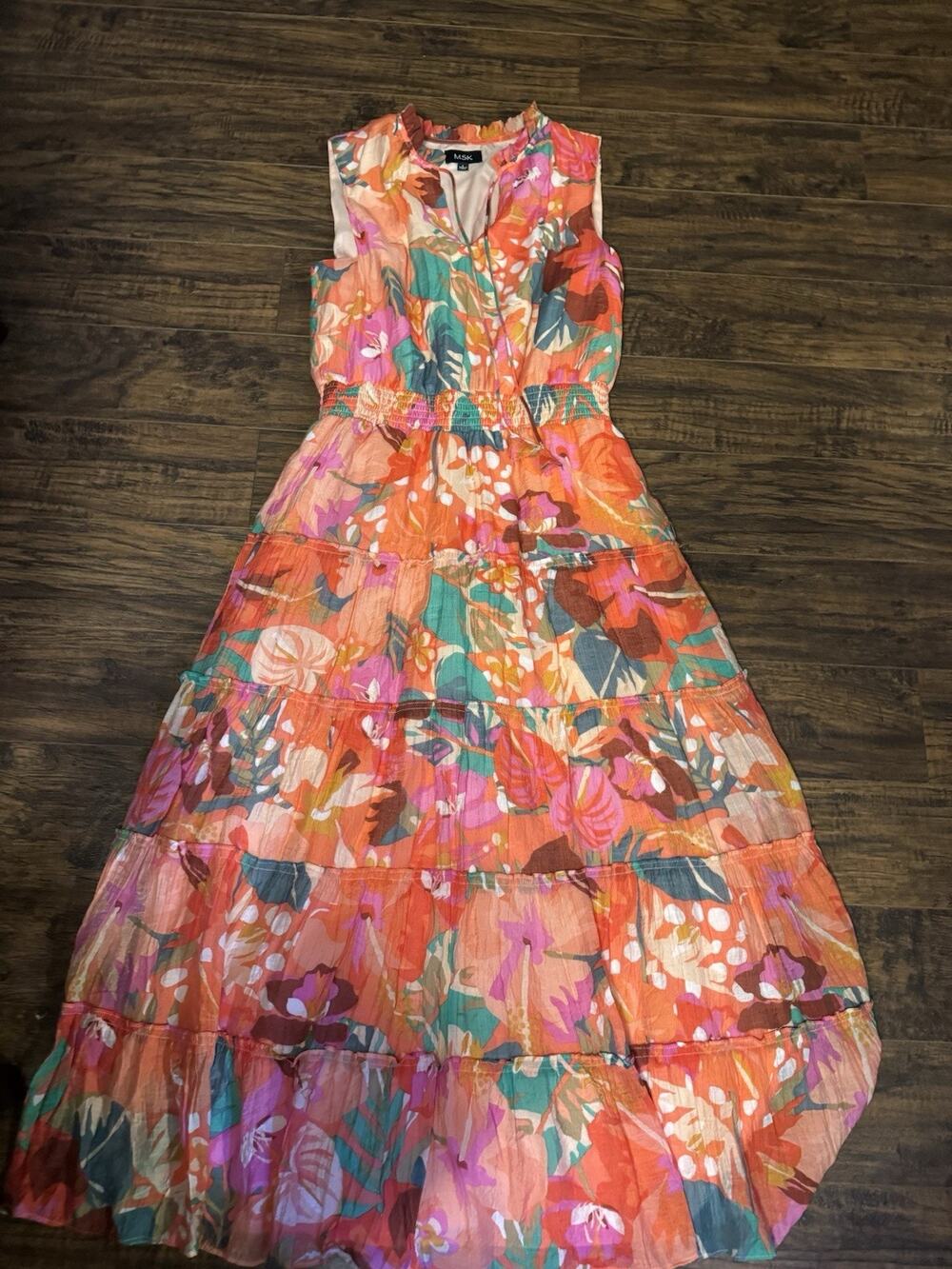 MSK orange floral print tiered sleeveless maxi dress Sz:L